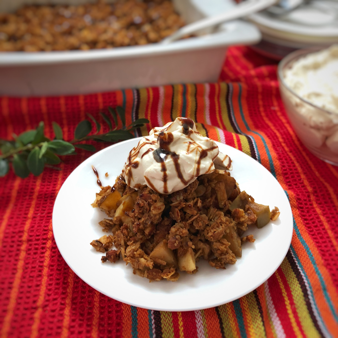 Get cozy with this pear and apple crisp with gingerbread topping - perfect for the holidays or cold weather meals. Recipe at Teaspoonofspice.com