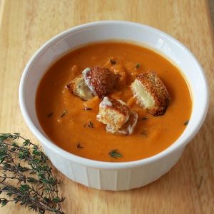 Roasted Sweet Potato Soup with Grilled Cheese Croutons